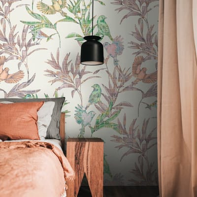 Fotobehang Profhome 398791-GU vliesbehang hardvinyl warmdruk in reliëf glad met Toile de Jouy patroon mat wit groen violet 1,59 m x 2,8 m