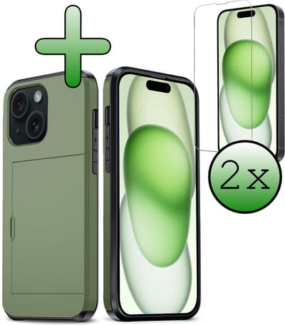 Hoes Geschikt voor iPhone 15 Hoesje Hard Case Met Pas Houder Met 2x Screenprotector - Hoesje Geschikt voor iPhone 15 Hoes Shockproof Hard Cover Met Kaarthouder - Donkergroen