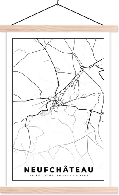 Posterhanger incl. Poster 40x60 cm - Schoolplaat - Plattegrond – Neufchâteau – Zwart Wit – Stadskaart - Kaart - België - Textielposter - Blanke latten - Stadskaart