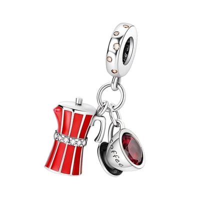Fler® | Bedel | Past op populaire bedelarmbanden (standaard - 3mm) | Koffieliefhebber Bedel | Hangbedel Charm | 925 sterling zilver | Roze & Rode zirkonia | Rode emaille | | Armband Kraal | Valentijnsdag Cadeau | Sinterklaas kado | Kerstcadeau | Verj