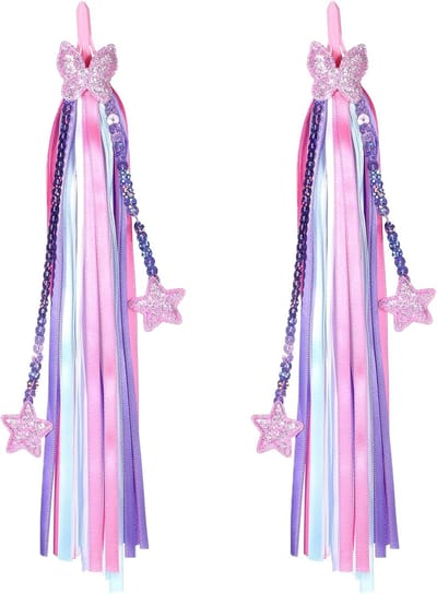 Kinderfiets Streamers - Fietskwasten Banden - Fietsdecoratie Kinderen - Eenvoudig te Bevestigen - 27.5 cm Lengte - Paars Roze Sterren