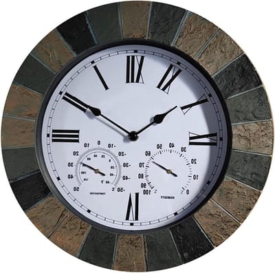 Tuinklok met thermometer - Buitenklok decoratie - Tijd en weer - Faux leisteen stijl - 14 inch - Antraciet