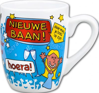 Mok - Snoep - Nieuwe baan - Cartoon - In cadeauverpakking met gekleurd krullint