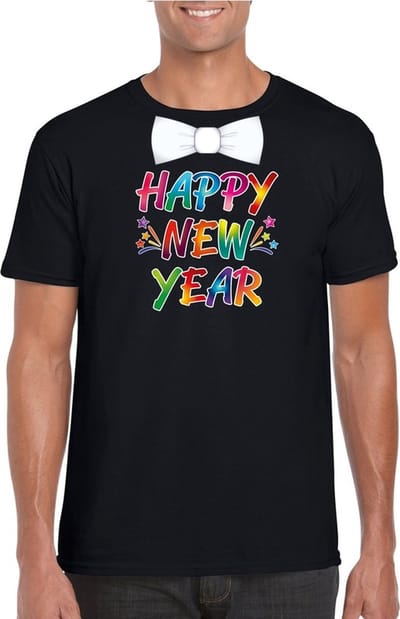 Happy new year t-shirt - met vlinderstrikje - voor oud en nieuw - heren - zwart - Nieuwjaarsborrel feestkleding S