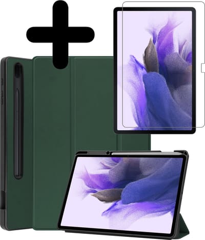 Hoes - Geschikt voor Samsung Galaxy Tab S7 FE - Met Screenprotector - Trifold Bookcase - Hard Cover Case - Met Uitsparing Geschikt voor S Pen - Hardcover Book - Tablet Hoesje - Donkergroen