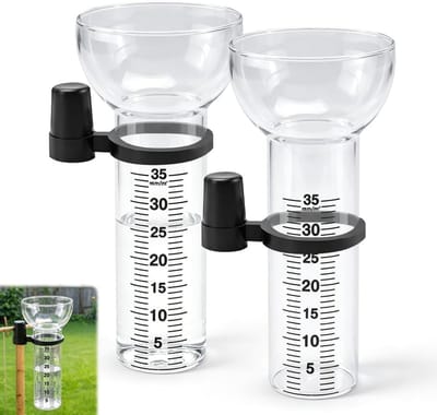 Set van 2 Regenmeters - Hoog Borosilicaatglas - 17.5 cm Hoog - Tot 35 mm/m² - Duidelijk Afleesbaar - Inclusief Houders - Transparant Kunstwerk voor de Tuin