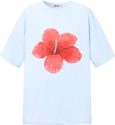 Tropical Flower Graphic Tee – T-shirt met Print – Kleurrijke Top voor een Zomerse Look - Baby Blauw - Maat S