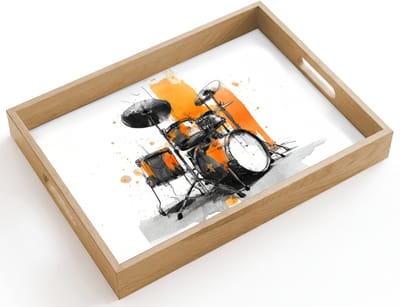 Dienblad hout 40x30 cm - Schootdienblad - Drumstel - Oranje - Zwart - Aquarelverf - Borrelplank rechthoek - Plateau dienbladen