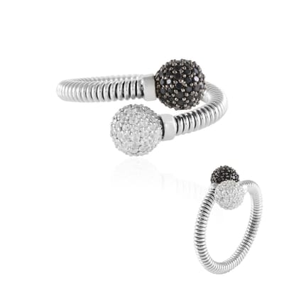 Cavill - Zilveren Ring met Zwarte Spinel en Witte Topaas - 925 Sterling Zilver Gerhodineerd - Ronde Briljant Slijp - Flexibel Elegant Design - Maat 18