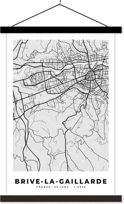 Posterhanger incl. Poster 40x60 cm - Schoolplaat - Frankrijk – Plattegrond – Kaart – Brive-la-Gaillarde – Stadskaart - Textielposter - Zwarte latten - Stadskaart