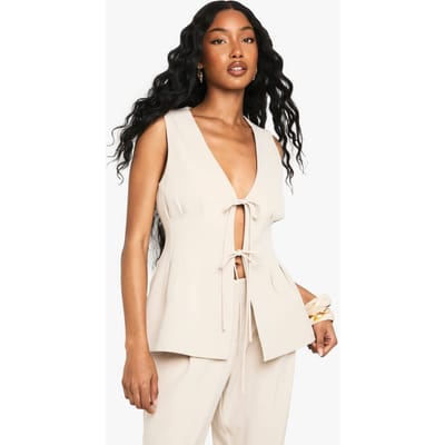 boohoo Dames Geweven gilet met strik aan de voorkant en geplooide details | Ecru | Maat: 36