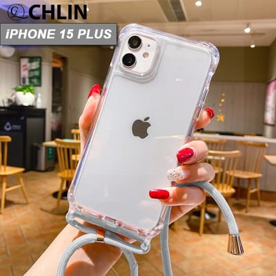 CL CHLIN® - iPhone 15 Plus transparant hoesje met Grijs koord - Hoesje met koord iPhone 15 Plus - iPhone 15 Plus case - iPhone 15 Plus hoes - iPhone hoesje met cord - iPhone 15 Plus bescherming - iPhone 15 Plus protector.