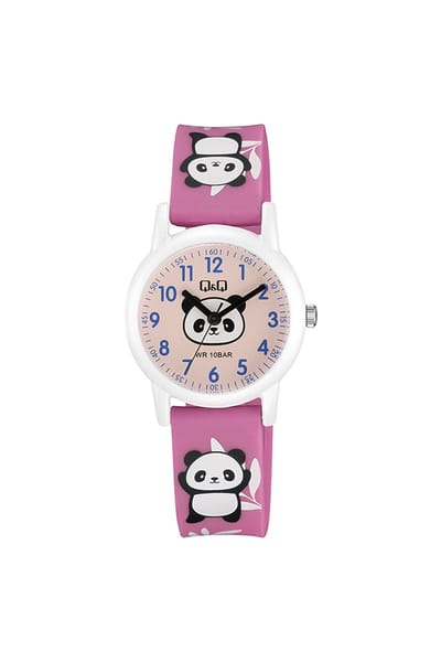 Q&Q V23A-006VY - Horloge - Sport - Analoog - Kinderen - Unisex - Plastic band - Rond - Kunststof - Cijfers - Panda - Roze - Wit - Zwart - 10 ATM