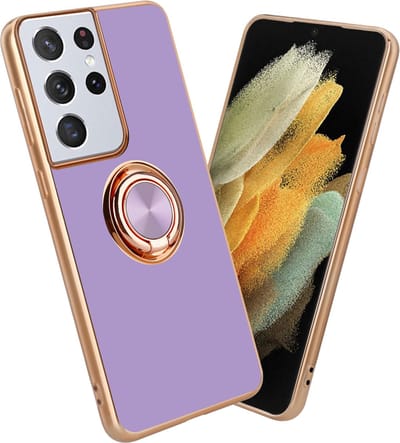 Cadorabo Hoesje geschikt voor Samsung Galaxy S21 ULTRA in Glossy Licht Paars - Goud met ring - Beschermhoes van flexibel TPU-silicone Case Cover met camerabescherming en magnetische autohouder