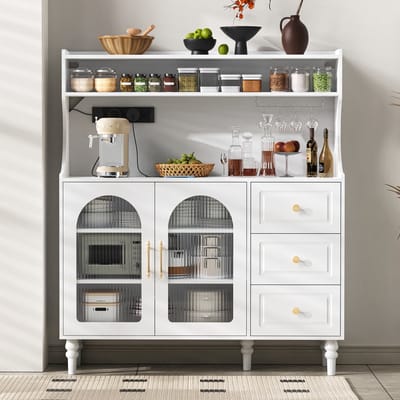 DESMIU Hoge Kast Met Opbergruimte En Oplaadpunt Voor Keuken En Eetkamer Met Glazen Deuren, Lades, Verstelbare Planken En Witte Afwerking 120x40x138,5 Cm