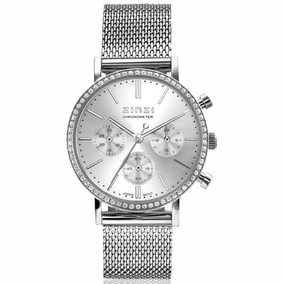 ZINZI horloge CHRONOGRAPH 36mm stopwatch zilverkleurige wijzerplaat, stalen kast met crystals, stalen mesh band 18mm ZIW1602