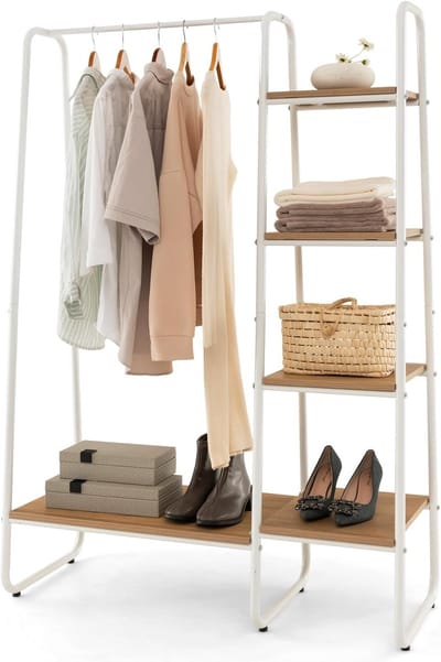 COSTWAY Kledingrek van metaal, vrijstaande garderobe met 4 planken, open kledingrek voor het ophangen van kleding en voor het opbergen van slaapkamer, woonkamer, entree