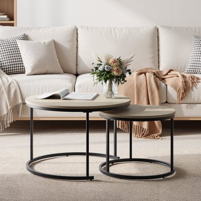 HAUSS SPOLE Salontafelset - Ronde Nesttafels - Ruimtebesparend Voor Woonkamer En Balkon - Metaal En Houtlook - Eiken