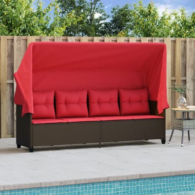 vidaXL - Ligbed - met - luifel - en - kussens - poly - rattan - bruin