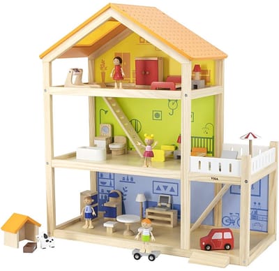 VIGA Poppenhuis - Groot Houten Poppenhuis 67x62x28 cm voor Creatief Spel