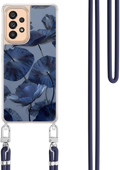 Hoesje met koord geschikt voor Samsung Galaxy A53 - Dusky blooms - Inclusief Donkerblauw koord - Crossbody beschermhoes - Transparant, Paars - Mooie Telefoonhoesjes