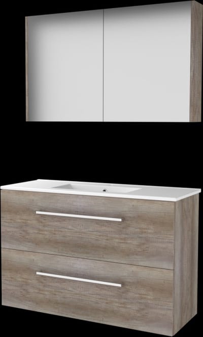 Basic Comfort 39 badmeubelset met spiegelkast, wastafelonderkast met grepen, 2 lades en porseleinen wastafel met 1 kraangat 100 x 39 cm, scotch oak