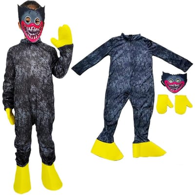 Poppy Play Kostuum Huggy Wuggy Kissy Missy Cosplay Jumpsuit met Masker, Halloween Horror Spel Outfit voor Jongens Meisjes Height (100-110cm) zwart