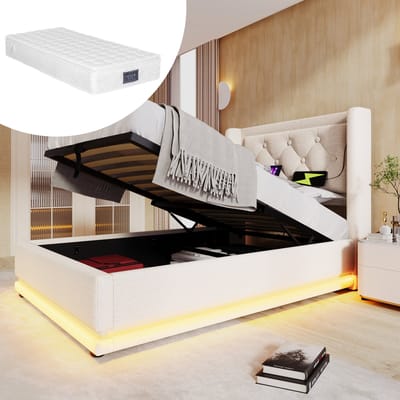 Gestoffeerd eenpersoonsbed 90*200 cm, beige katoen, hydraulisch opbergbed, gewatteerd hoofdeinde met USB Type-C oplaadfunctie, 3-zijdige LED-verlichting (inclusief matras)