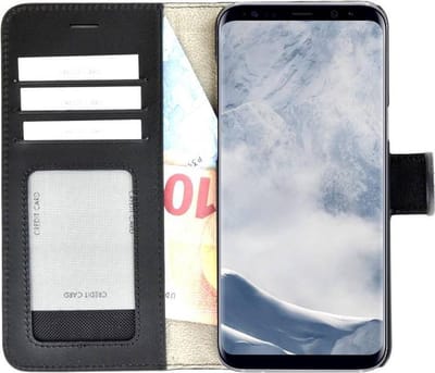 Pearlycase Echt Lederen Wallet Bookcase Geschikt voor Samsung Galaxy S8 met de handgemaakte Zwart Leren Telefoonhoesje