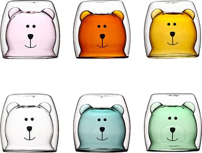Loha-party®6 Stuks Dubbelwandige Glazen Set -Bear dubbel geïsoleerde Glazen-Dieren ontwerp-Mok set-zonder oor-glas in lood- Koffieglazen-Theeglazen-250ML-Kleurrijk-roos-groen-blauw-bruin-transparant-Cappuccino Glazen-Latte macchiato glazen-Cadeau set
