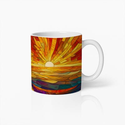 Zonsondergang Glas-in-Lood Kunst Koffiemok – Levendig Kleurrijk Landschap Ontwerp – Uniek Cadeau voor Natuurliefhebbers