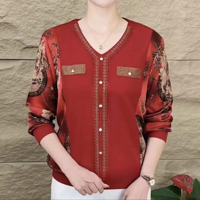 T-shirt met lange mouwen voor dames V-hals Strijken Diamant Herfst Nieuwe Stijl Moeder Outfit Los Buikslankmakend Middenleeftijd Moeder Top 5XL brown