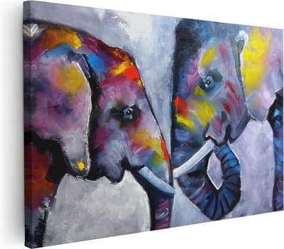 Artaza Canvas Schilderij Abstracte Olifanten - 30x20 cm - Klein - Muurdecoratie Dieren - Wanddecoratie Woonkamer - Kamer Accessoires Kleurrijk