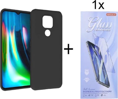 Hoesje Geschikt voor: Motorola Moto E7 Silicone - Zwart + 1X Tempered Glass Screenprotector - ZT Accessoires