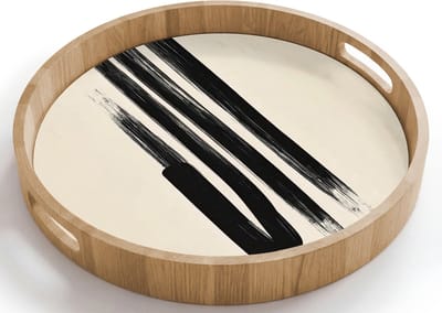 Dienblad rond 40x40 cm - Schootdienblad hout - Penseelstreken - Verticaal - Zwart - Borrelplank rechthoek - Plateau houten dienbladen