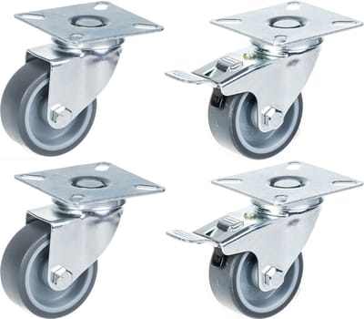 Set van 4 - zwenkwielen met rem uit de 100-serie, 50 mm, grijs TPR-rubber op polypropyleen
