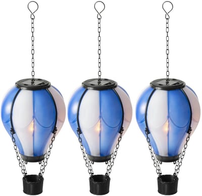 Lumineo solar luchtballon lantaarn - 3x - blauw - H25 x D14 cm - kunststof - vlam effect - tuinverlichting