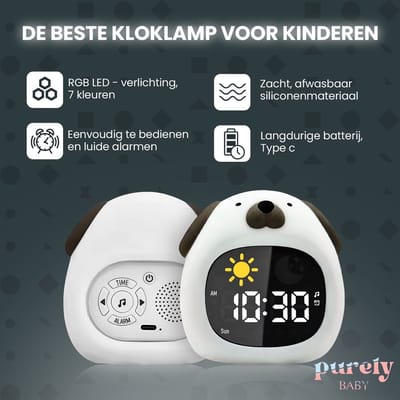 Purely Baby Slaaptrainer Hond - Kinderwekker met Wake Up Light - Slaapwekker met Nachtlamp en Timer Functie - 6 Slaapgeluiden en 3 Lichtindicaties - RGB Kleurmodi met 7 Kleuren - Slaap Trainer voor Kinderen - Kinder Wekker