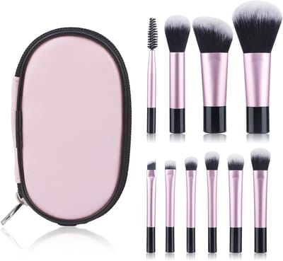 Set van 10 Mini Make-upkwasten voor Oogschaduw, Blush en Foundation met Opbergtas (Roze)