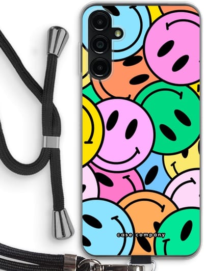 Case Company® - Hoesje met koord geschikt voor Samsung Galaxy A14 hoesje met Koord - Smiley N°1 - Telefoonhoesje met Zwart Koord - Bescherming aan alle Kanten en Over de Schermrand