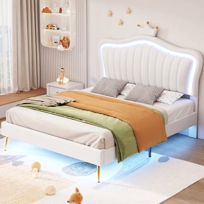 VVBV Gestoffeerd Kinderbed 140x200 cm - LED-Verlichting, Kroonhoofdbord, Voor Hal/Entree - PU-leer Wit - Zonder Matras