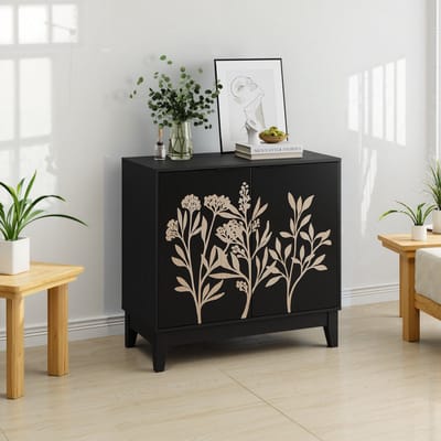 Wishdor Dressoir Met 2 Deuren - Bloemhoutsnijwerk - Verstelbare Planken - MDF - Zwart - 80 Cm