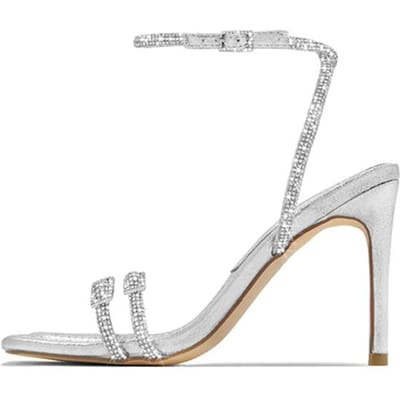 Elegante Dames Feest Bruiloft Banket Schoenen Sexy Kristallen Enkelbandje Zwarte Sandalen Street Style Vierkante Neus Stripper Hakken 38 zilver