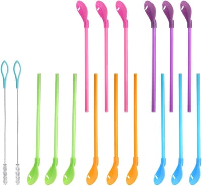 Set van 15 herbruikbare 2-in-1 rietjes met lepel, ideaal voor milkshakes, smoothies en iced coffee, perfect voor elke gelegenheid