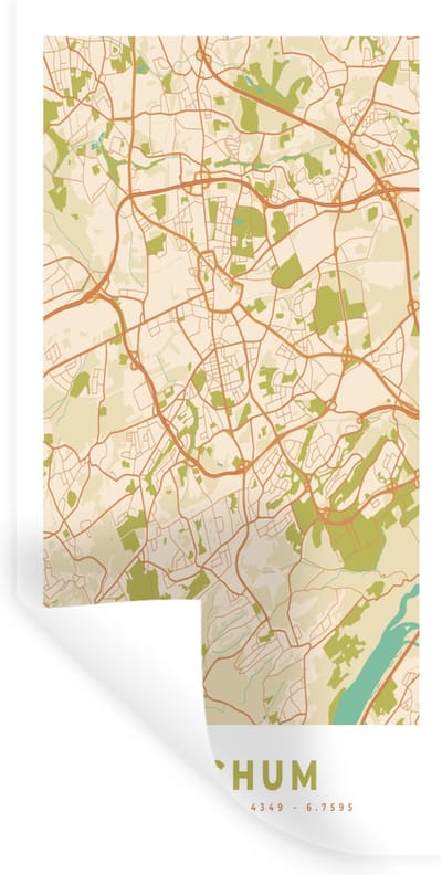 Muurstickers - Sticker Folie - Plattegrond - Bochum - Kaart - Vintage - Stadskaart - 40x80 cm - Plakfolie - Muurstickers Kinderkamer - Zelfklevend Behang - Zelfklevend behangpapier - Stickerfolie