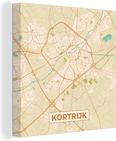 Canvas Schilderij Kaart - Plattegrond - Kortrijk - Stadskaart - België - 20x20 cm - Wanddecoratie