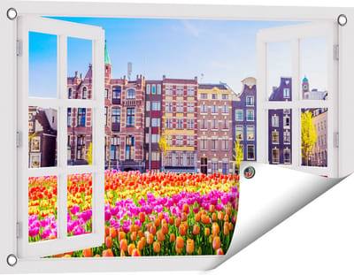 Gards Tuinposter Doorkijk Amsterdamse Huisjes met Tulpen - Kleur - 60x40 cm - Tuindoek - Tuindecoratie - Wanddecoratie buiten - Tuinschilderij