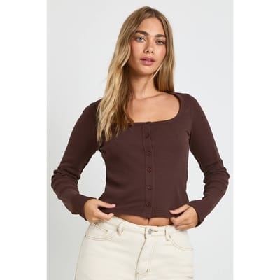 boohoo Dames Geribbelde top met knoopdoorloop, vierkante hals en lange mouwen | Chocoladebruin | Maat: 40
