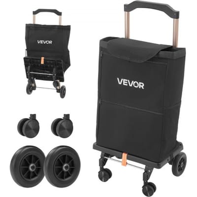 VEVOR boodschappentrolley, opvouwbare winkelwagen met een draagvermogen van 75 kg, zwart, inhoud van 40 liter, met koelvak, telescopische handgreep + 4 wielen, afneembare tas, 2-in-1 boodschappentrolley voor boodschappen doen, kamperen en huishoudelijk gebruik.
