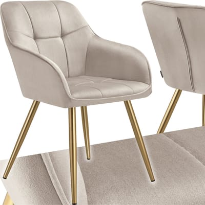tectake® Eetkamerstoel Marilyn - Gestoffeerde Stoel in Fluweellook - Gecaptioneerd - Zwarte Stoelpoten - Ergonomische Keukenstoel - Met Doorlopende Rugleuning en Armleuningen - Stoel voor Woonkamer, Eetkamer, Slaapkamer - Taupe